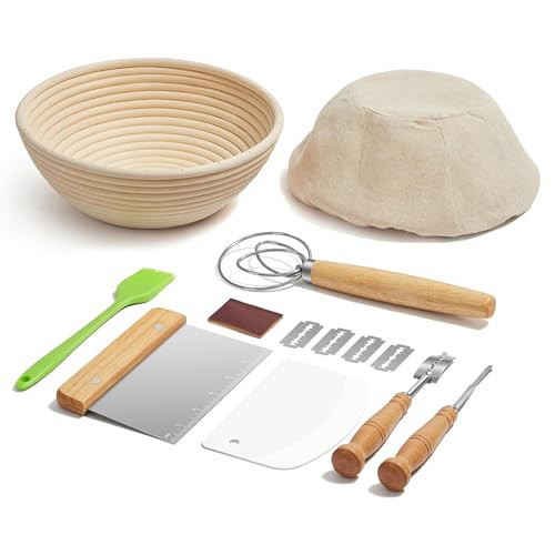 Sourdough Bread Baking Supplies 9 Inch Round Sourdough Starter Kit Baking Tools Bread Proofing Basket with Bread Lame Dough Scraper Basket Cover for Bread Making | Amazon (US)