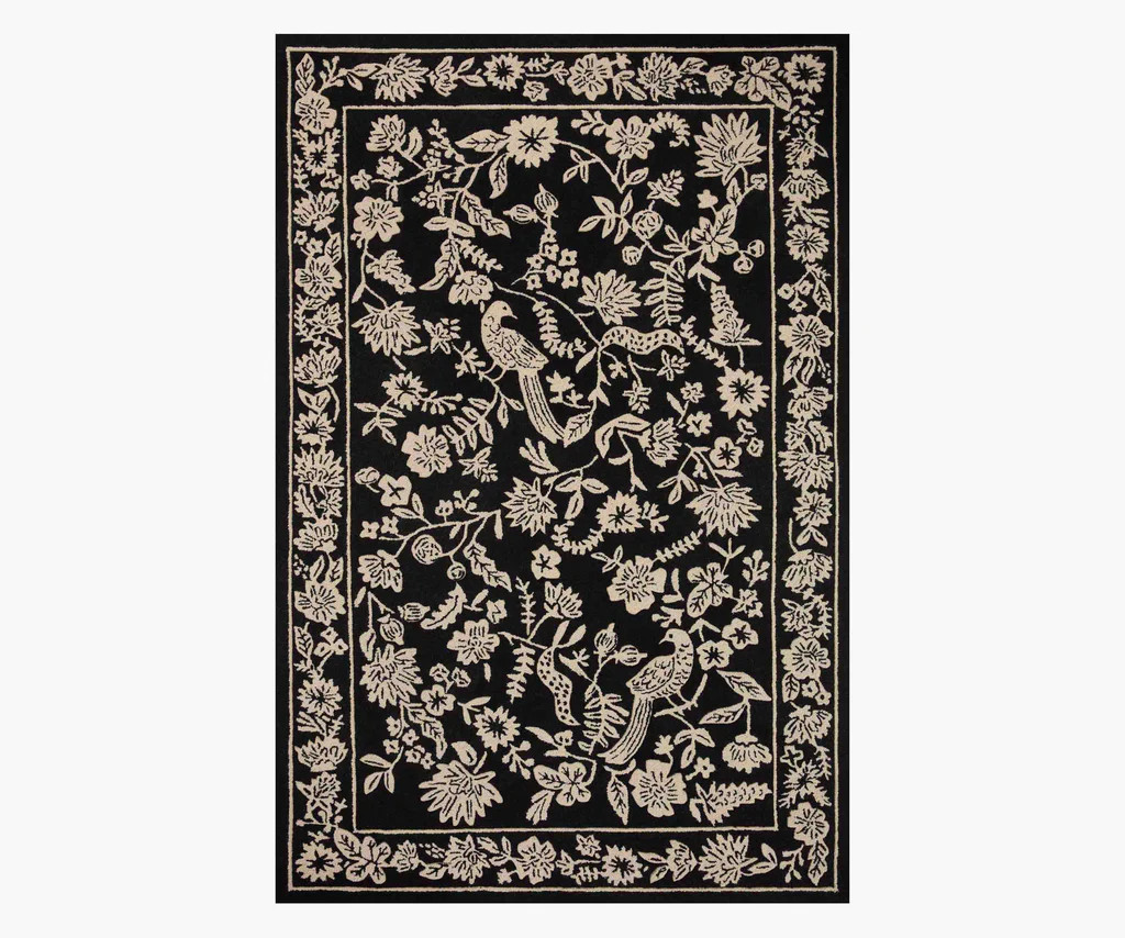 Arboretum Aviary Wool-Hooked Rug - Black | Rifle Paper Co.