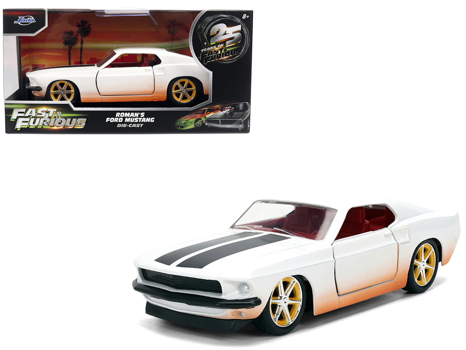 Roman's Ford Mustang White with Black Stripes and Red Interior (Dirty Version) "Fast & Furious" Movie "Fast & Furious 25th Anniversary" Series 1/32 Diecast Model Car by Jada | Shop Simon