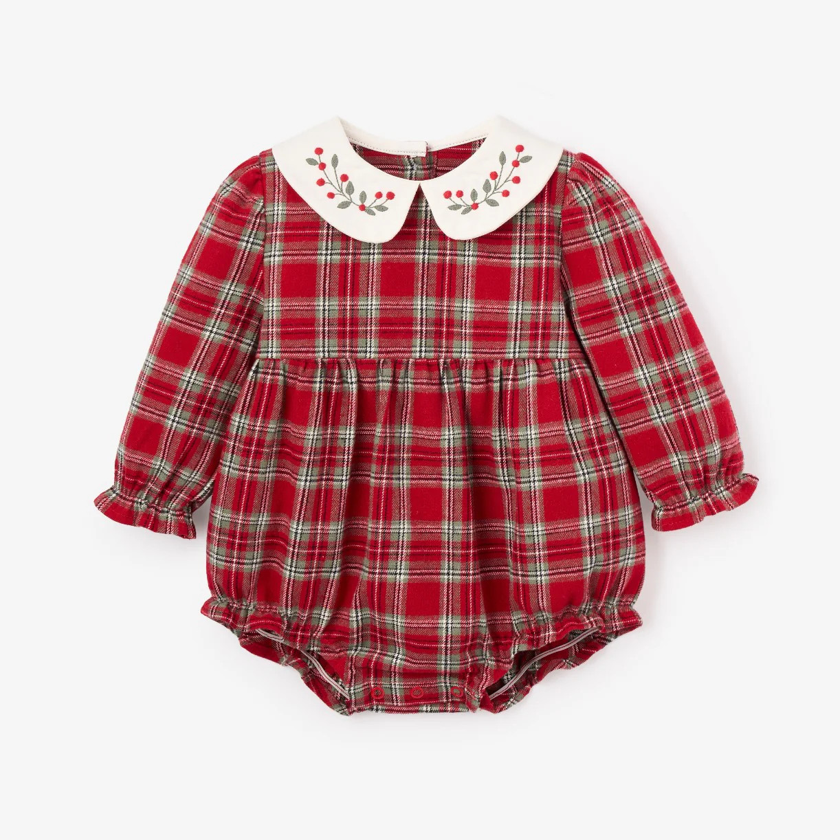 Holiday Red Tartan Bubble w/ Embroidered Collar | Elegant Baby