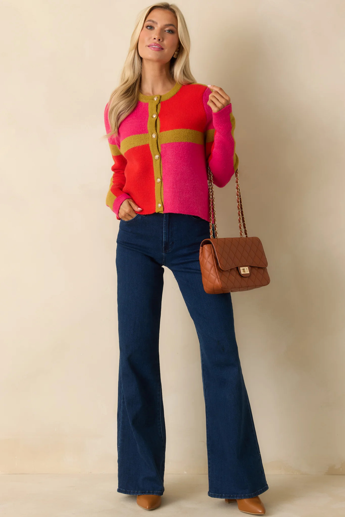 All About Now Pink and Red Knit Color Block Cardigan | Red Dress