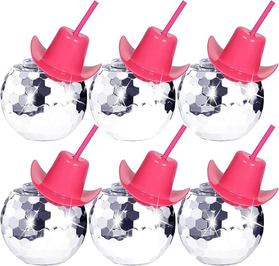 Disco Ball Cups,6 Pcs Silver Disco Cups with Cowboy Hat Lid and Straw, Sparkly Glitter Disco Ball... | Amazon (US)