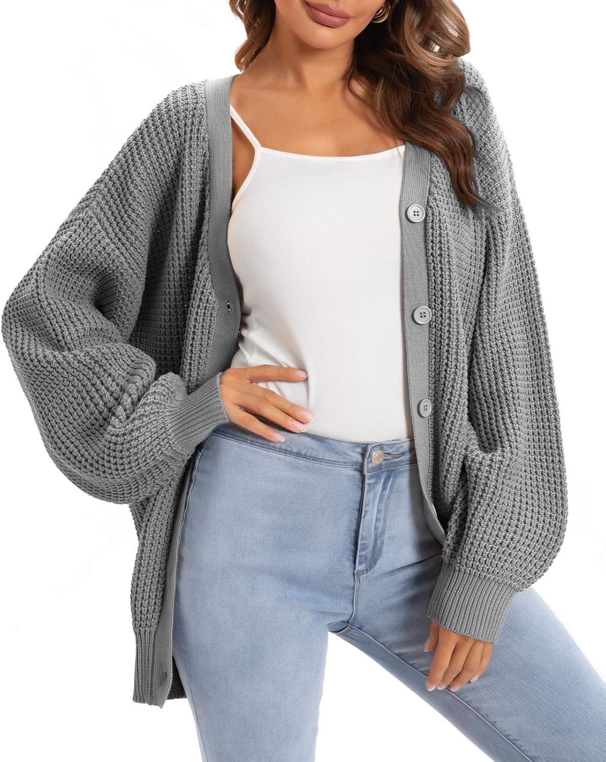 QUALFORT Women's Cardigan Sweater 100% Cotton Button-Down Long Sleeve Oversized Knit Cardigans | Amazon (US)