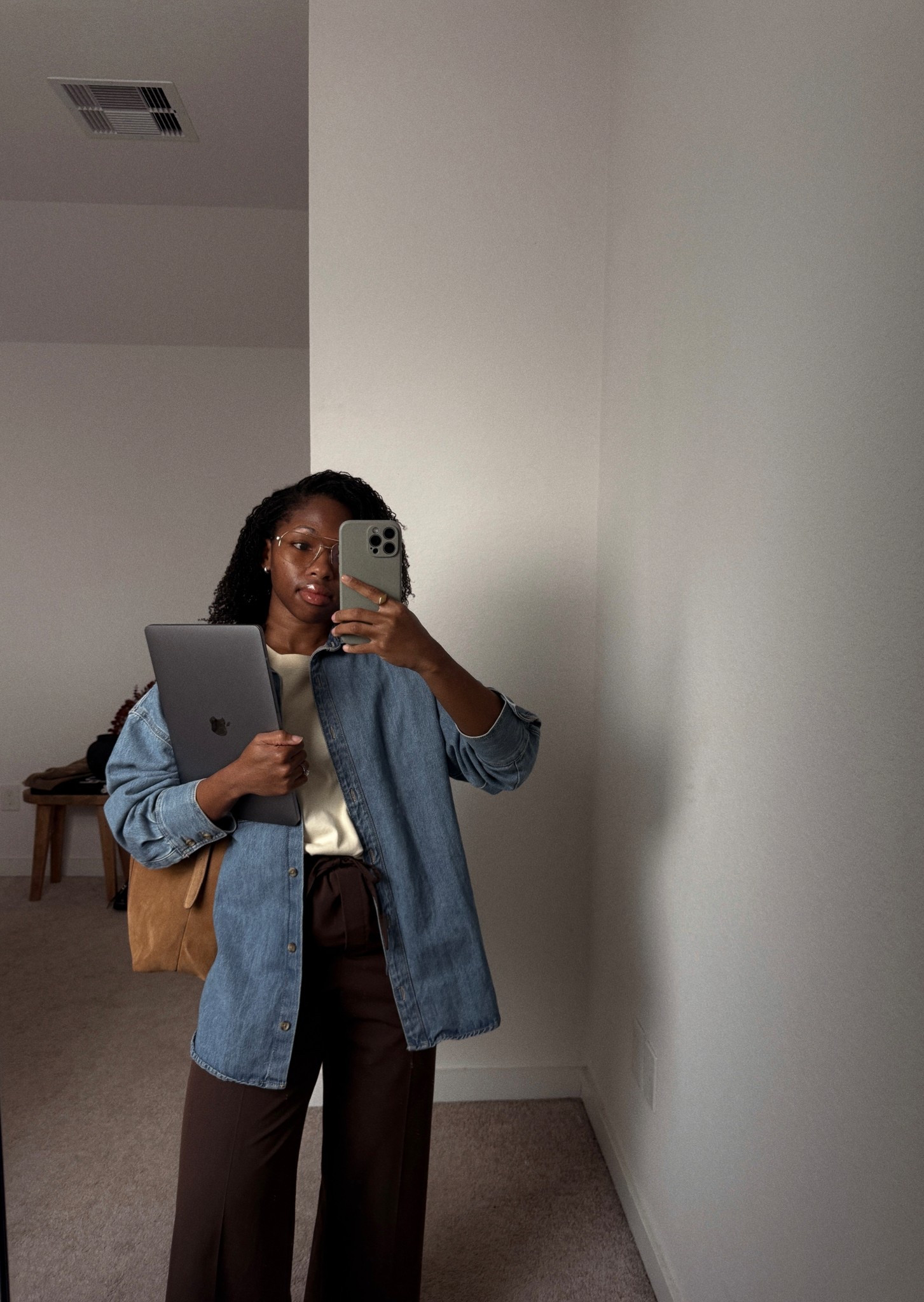 2025.09.29. - transitional Fall outfit 

suede bag, brown pants, yellow shirt, denim jacket, jean shirt 

#LTKFallSale #LTKStyleTip #LTKSeasonal