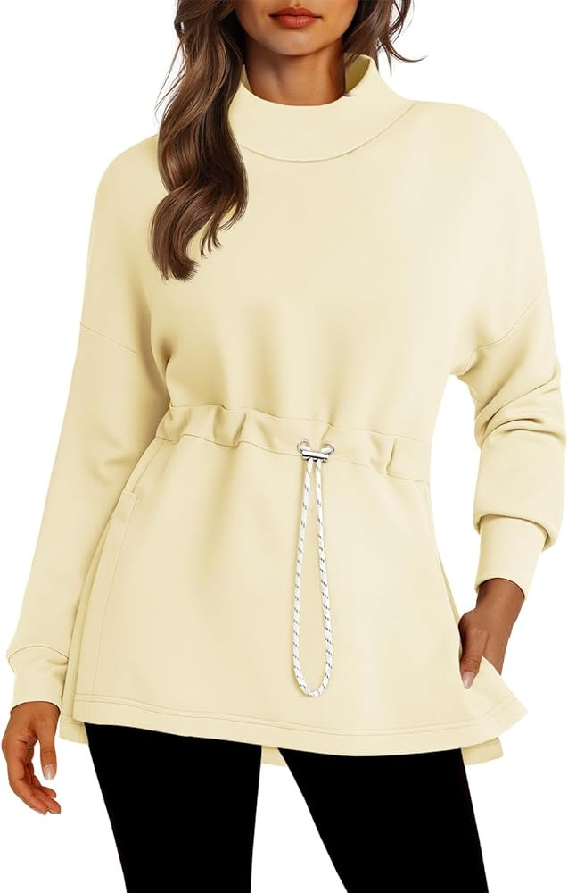 Women's Turtleneck Sweatshirts Long Sleeve Pullover Tops Side Slit Tunic Shirts with Drawstring W... | Amazon (US)