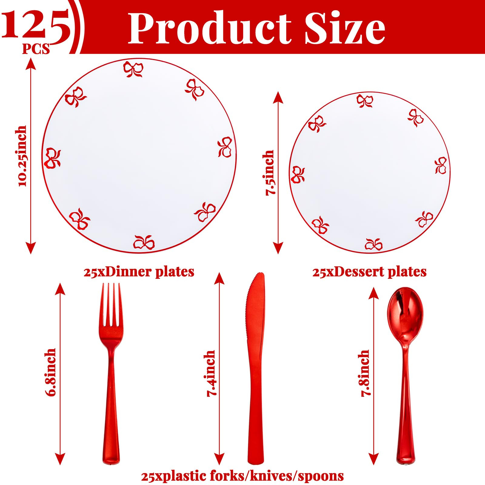 125PCS Red Bow Plastic Plates - White and Red Rim Disposable Plates - 50 Elegant Plates with Bowk... | Amazon (US)