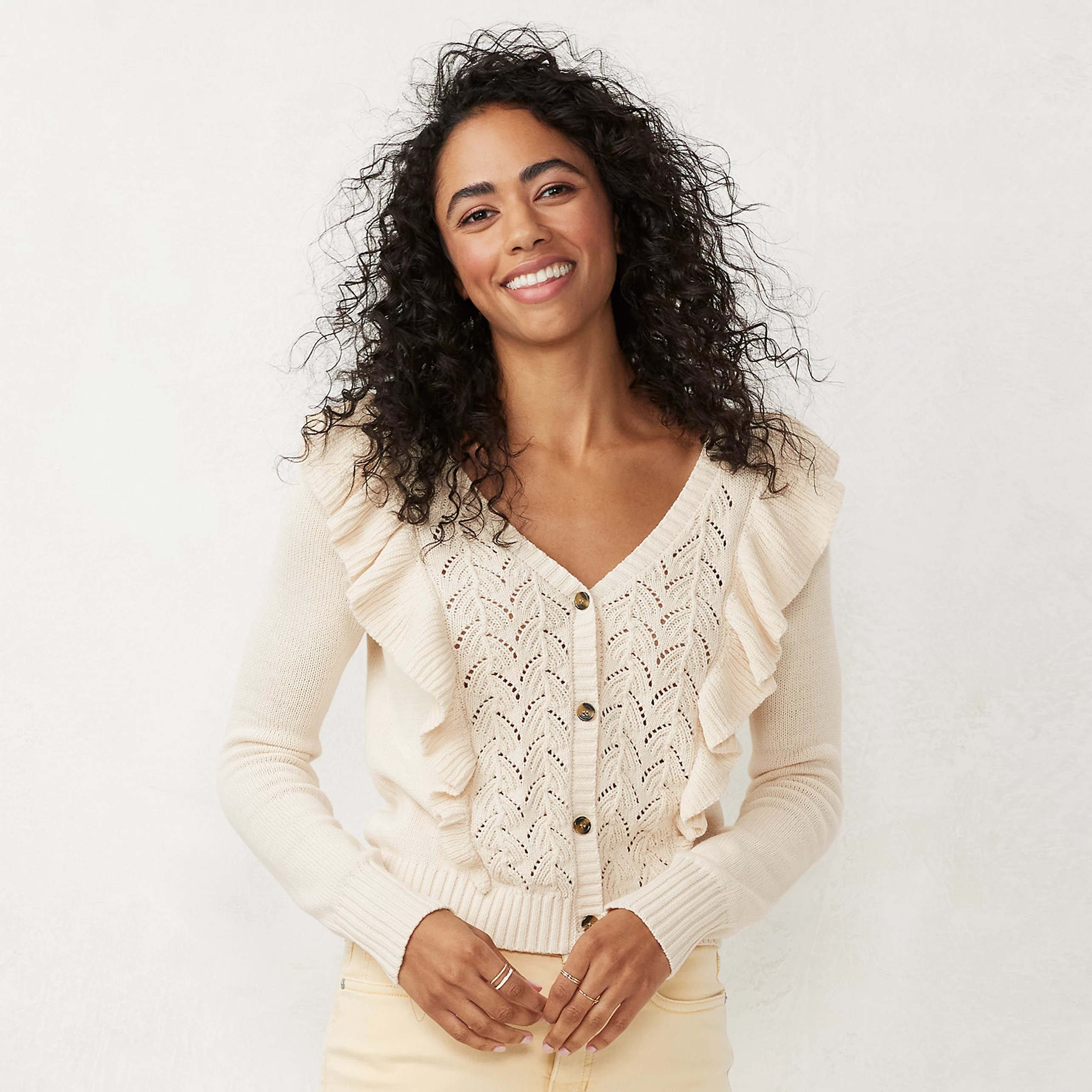 Women's LC Lauren Conrad Ruffle Pointelle Cardigan | Kohl's