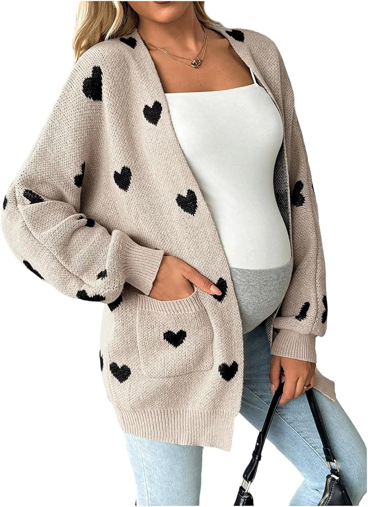 MAKEMECHIC Women's Maternity Sweater Cardigan Valentine Heart Print Long Sleeve Open Front Cute C... | Amazon (US)
