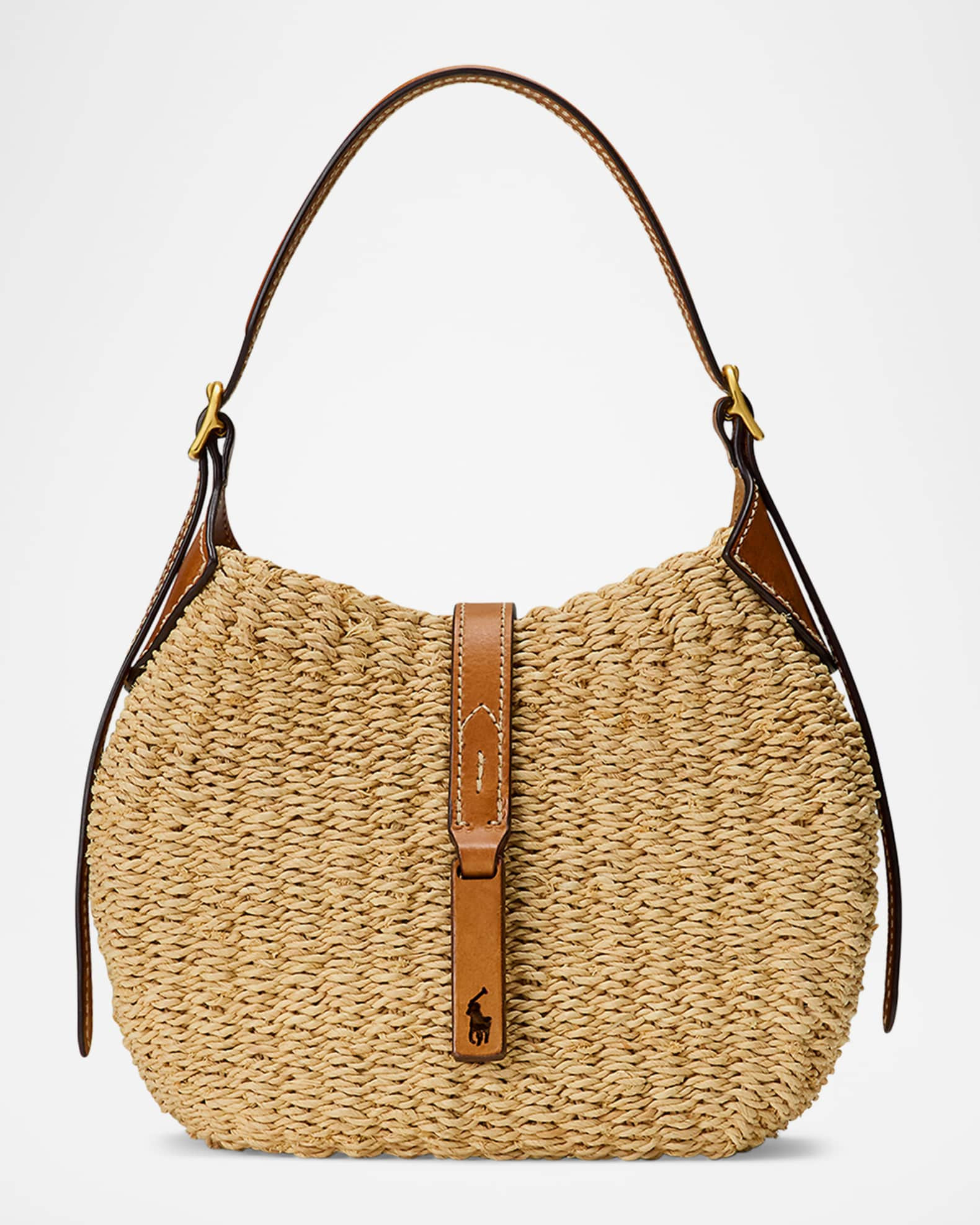 Polo ID Small Twisted Raffia & Leather Shoulder Bag | Neiman Marcus