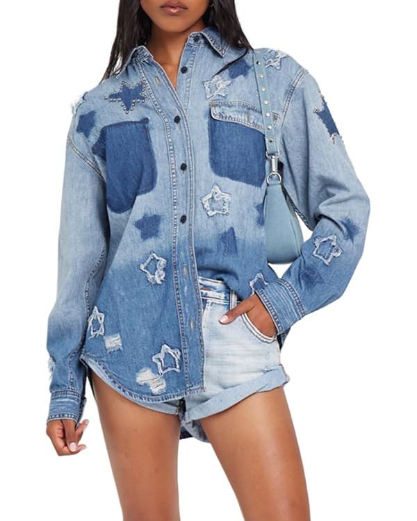 YEXPINE Women's Denim Shirt Casual Ripped Boyfriend Studded Jean Jacket Washed Shacket With Blue ... | Amazon (US)