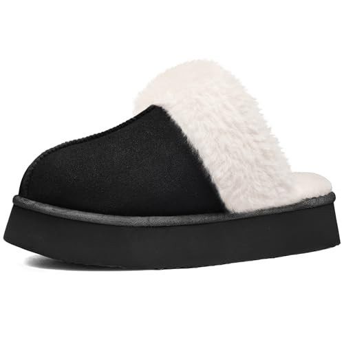 Litfun Womens Fuzzy Memory Foam Slippers Fluffy Platform Winter House Shoes for Indoor and Outdoor, Black 8-8.5 | Amazon (US)