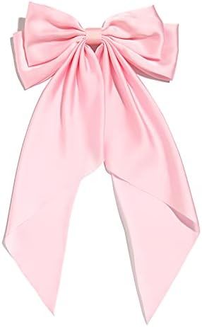 Women Big Bow Barrettes Girl's Satin Hairclips Long Ribbon Hair Pins For Party (Pink) | Amazon (US)