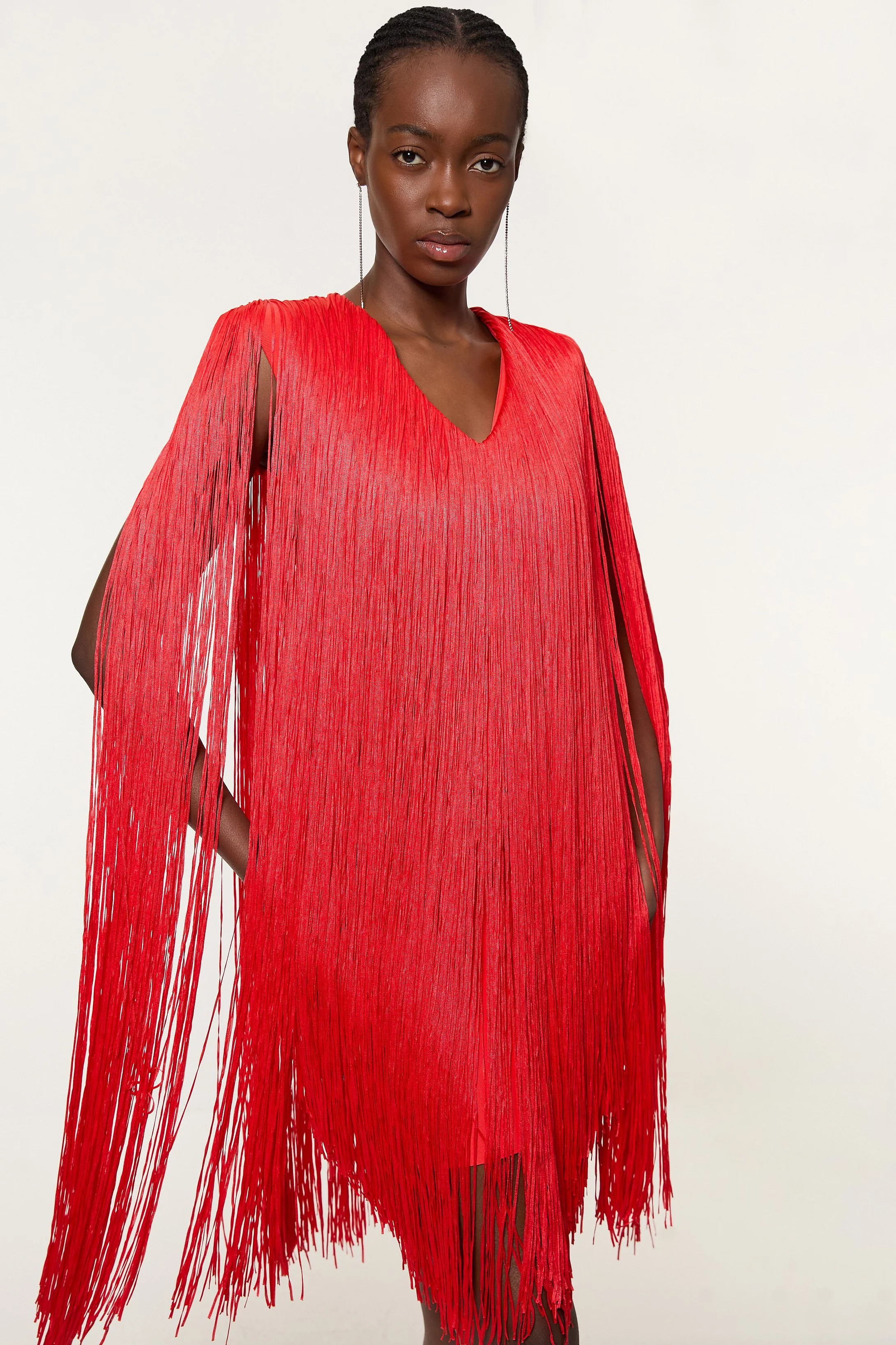 Figure Form Bandage Knit V Neck Fringe Mini Dress | Karen Millen US