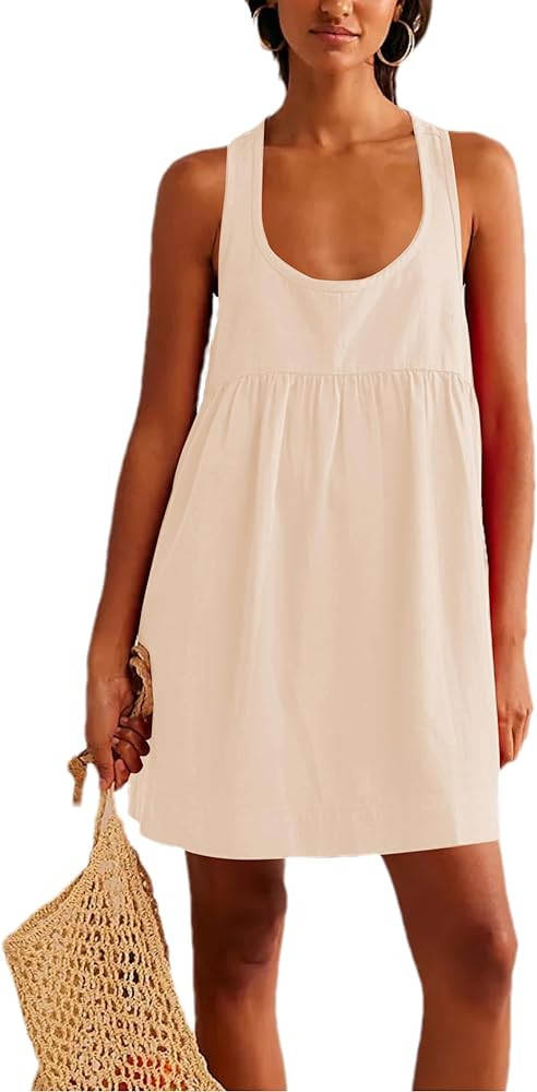 HangNiFang Mini Summer Racerback Dresses for Women Round Neck Open Back Sunshine Dress with Pocke... | Amazon (US)