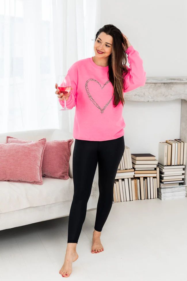 Animal Print Sketched Heart Safety Pink Graphic Sweatshirt | The Pink Lily Boutique