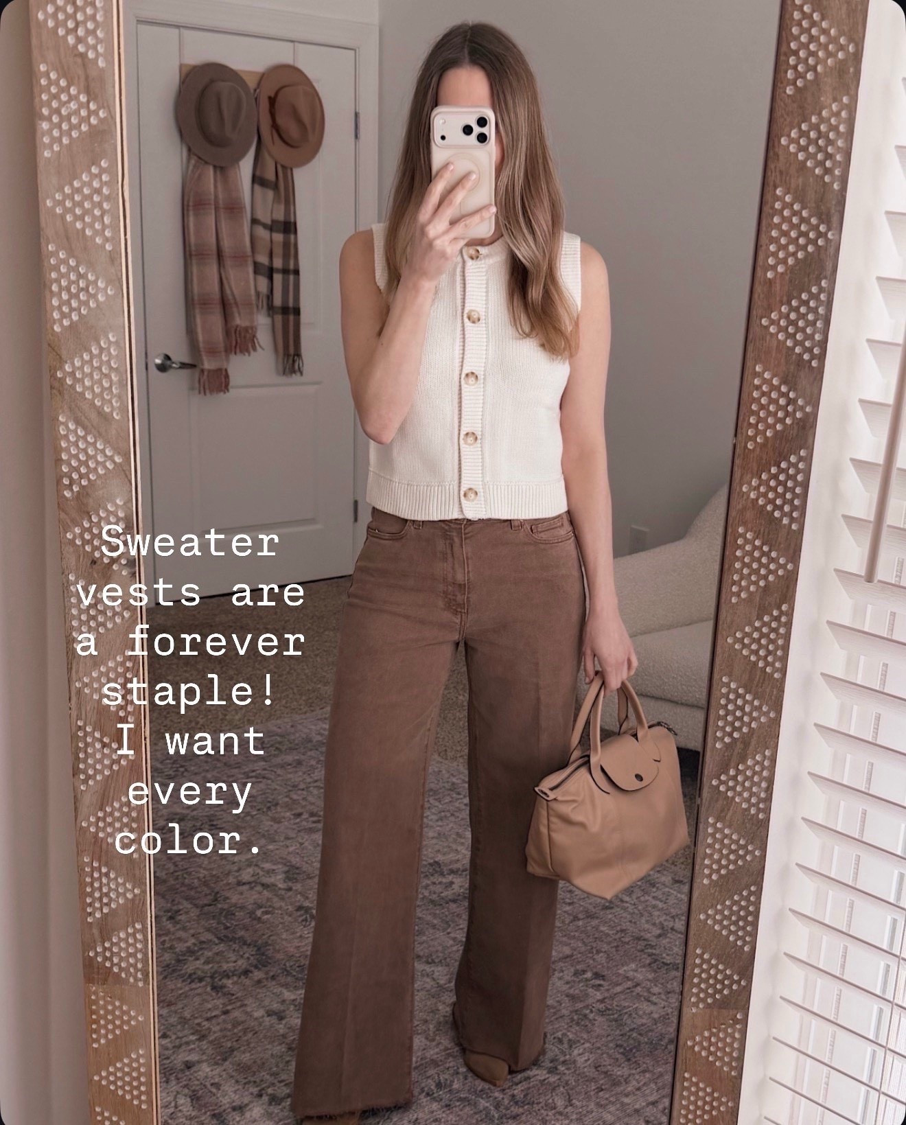 Sweater vests are one of those pieces that just work year after year. I love this one styled solo with brown wide leg denim for a clean, effortless spring look.

sweater vest outfit, brown wide leg jeans, neutral spring outfit, sleeveless knit top, classic wardrobe staples, casual chic style, elevated everyday look, minimalist spring style

#LTKOver40 #LTKSeasonal #LTKWorkwear