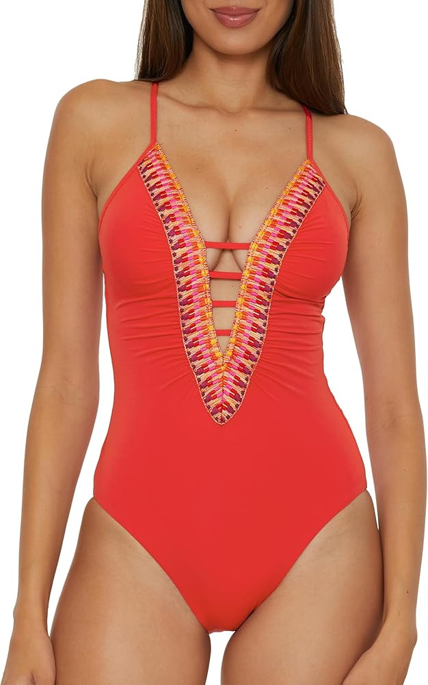 Becca Delilah - Women's Crochet Trim One Piece Swimsuit, Plunge Neck, Bathing Suits for Women | Amazon (US)