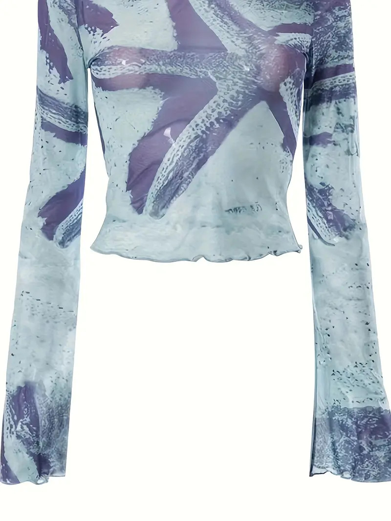 Abstract Print Lettuce Trim T-Shirt, Casual Long Sleeve Mesh T-Shirt For Spring & Fall, Women's C... | Temu Affiliate Program