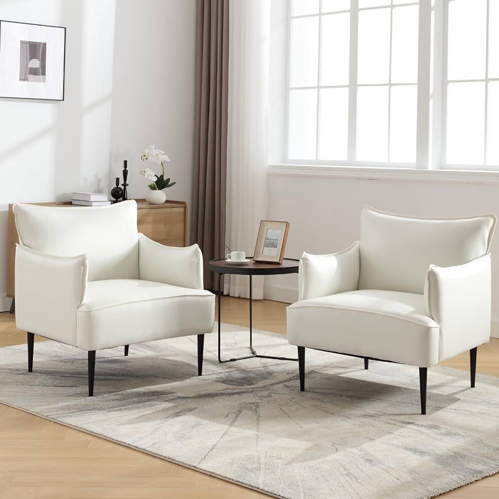 Guyou Upholstered White PU Leather Arm Chair Set of 2, Small Living Room Accent Chair with Armres... | Amazon (US)