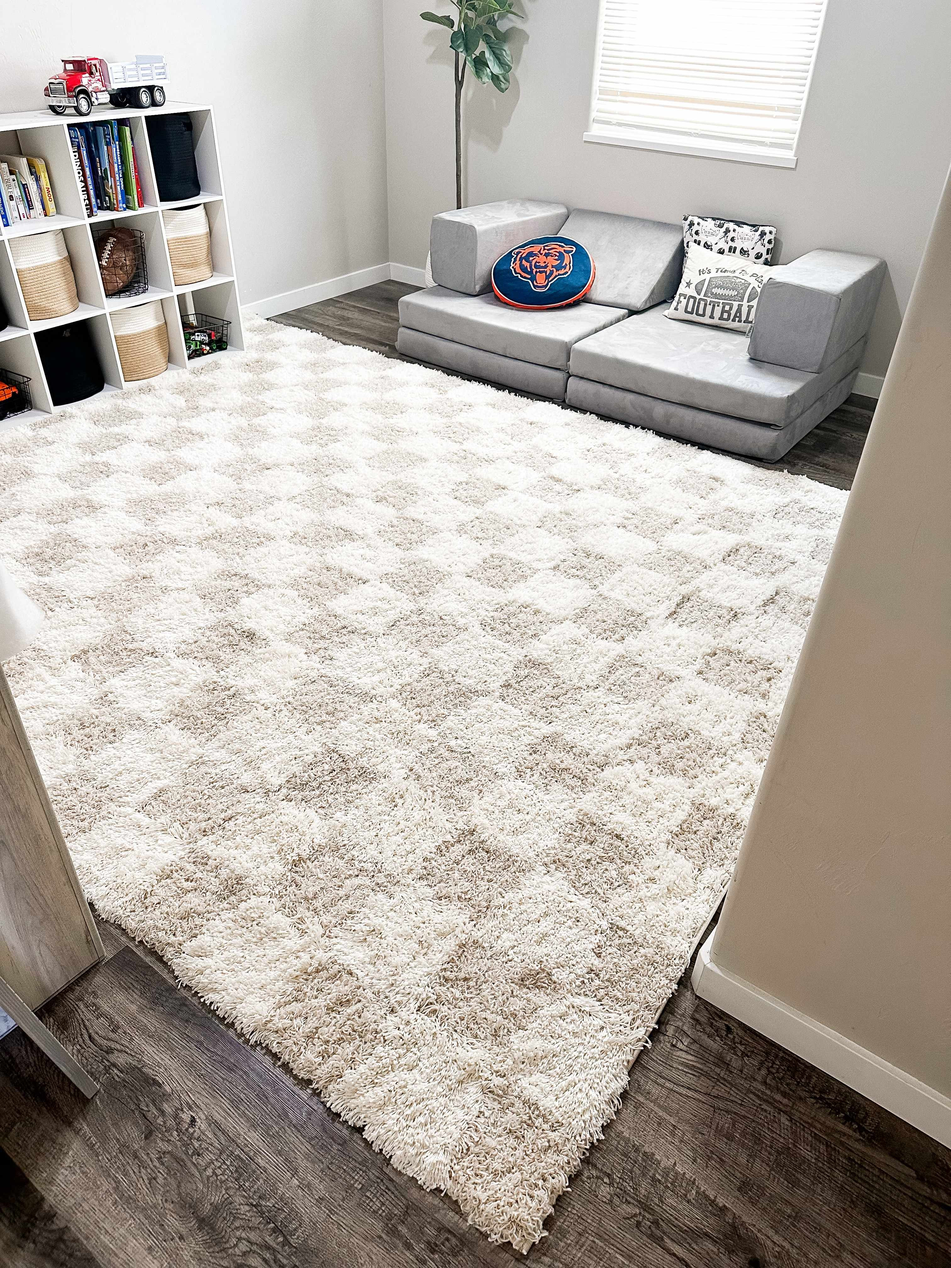 Atira Light Brown Checkered Area Rug | Checkered Shag Rug | Boutique Rugs