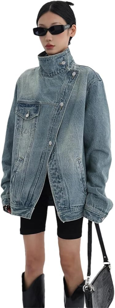 Vsadsau Women's Denim Jacket Mock Neck Buttons Long Sleeve Splicing Casual Buttons Jean Coat | Amazon (US)