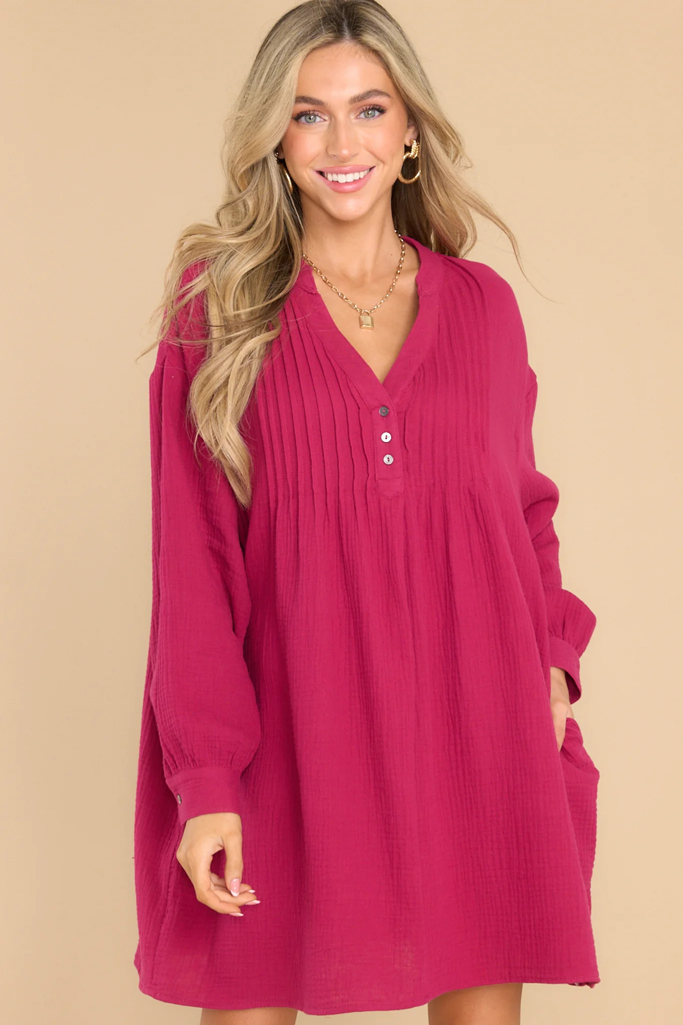 So Blissful Dark Fuchsia Gauze Dress | Red Dress 