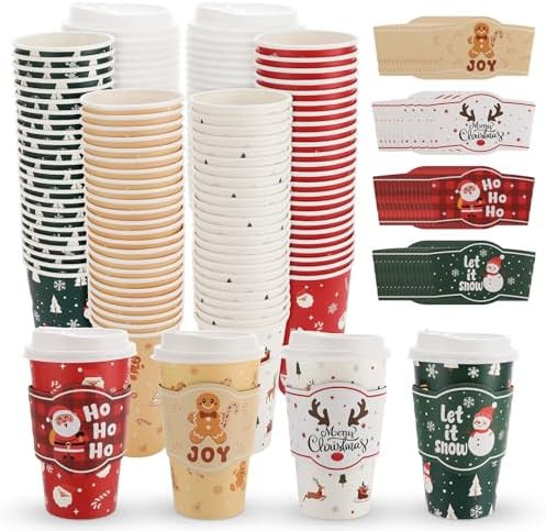 100 Sets 16 oz Christmas Disposable Coffee Cups with Lids and Sleeves Paper Drinking Cups for Chr... | Amazon (US)