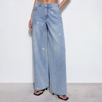 Women's Rhinestone Embellished Straight Leg Casual Jeans, Blue | SHEIN