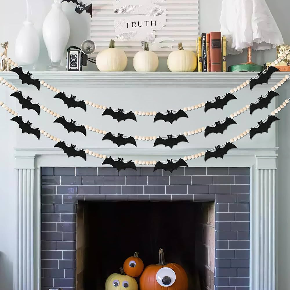Halloween Decorations Indoor - NO DIY - 3PCS Felt Bats Wood Beads Garland for Halloween Party Dec... | Amazon (US)