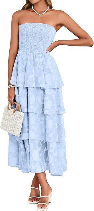 Womens Summer Strapless Maxi Dress 2026 Boho Floral Off Shoulder Wedding Guest Dresses Tiered Bea... | Amazon (US)