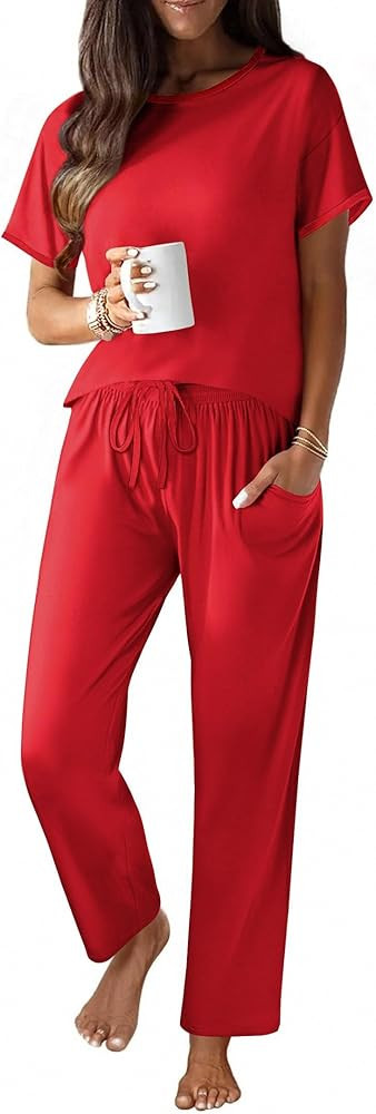 Ekouaer 100% Cotton Pajama for Women Short Sleeve Pj Top With Long Pants 2 Piece Lounge Set with ... | Amazon (US)
