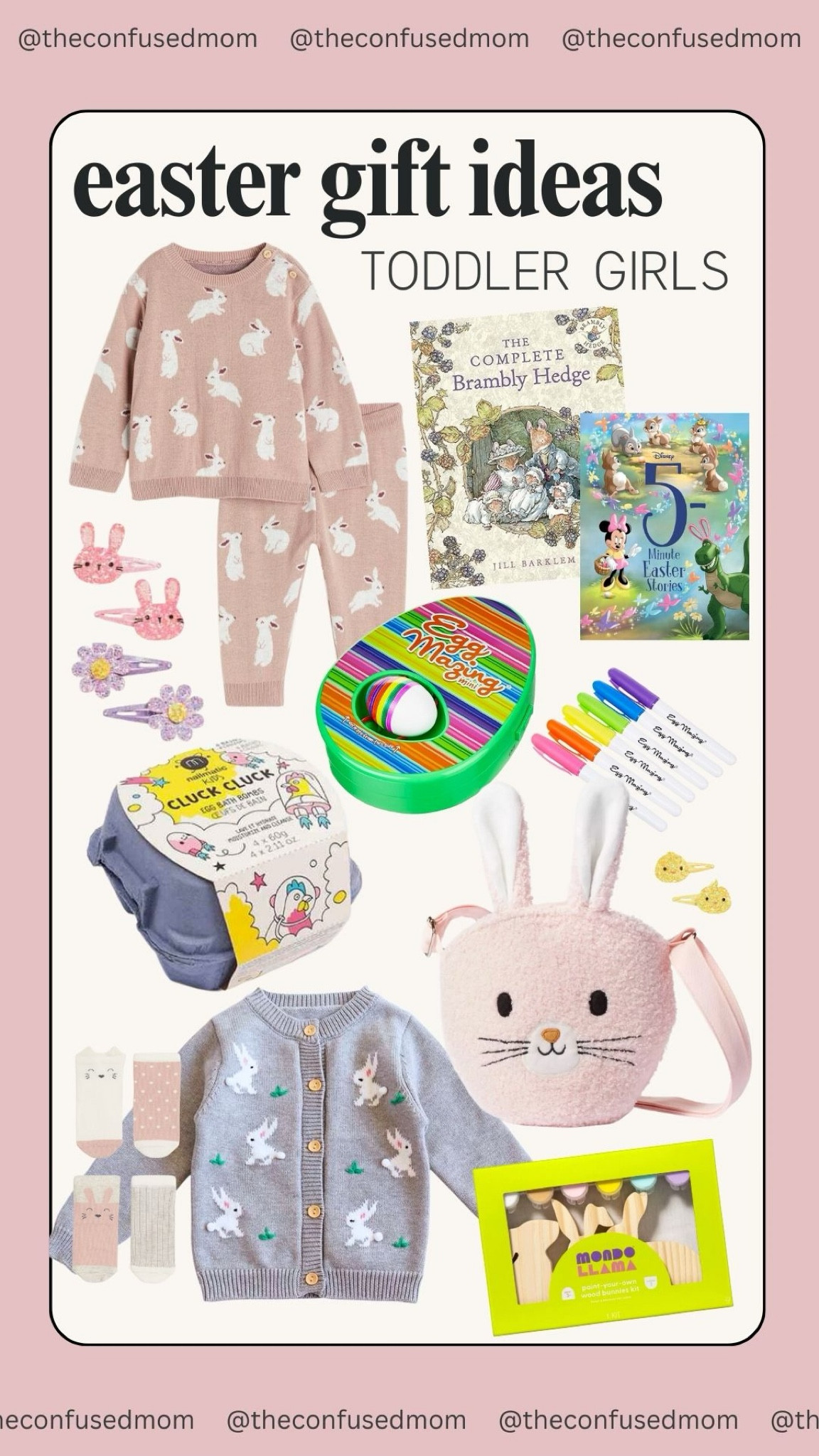 Easter gift ideas for toddler girls! 2 piece bunny knit set, Easter hair clips, spinning egg decorating kit, bath bomb egg carton, bunny Terry fabric bag cross body, gray bunny button up sweater, cute girls socks. 

#LTKSeasonal #LTKkids #LTKfamily