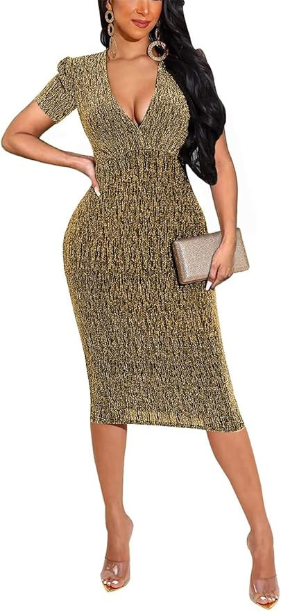 HugeNice Women's Sexy Deep V Neck Short Sleeves Club Party Bodycon Midi Dress | Amazon (US)