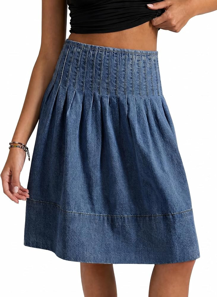 Womens Denim Skirt Pleated High Waisted Summer A-Line Knee Length Midi Jean Skirt | Amazon (US)