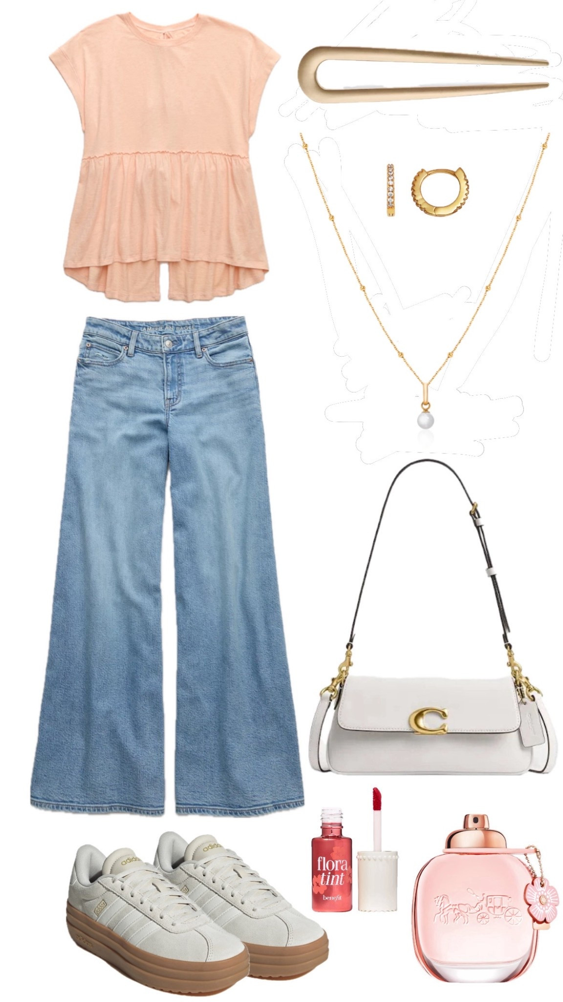 Peachy keen 🍑✨ Loving this soft + feminine everyday look! A flowy blush peplum top paired with light wash wide-leg denim and platform sneakers for the perfect mix of comfy & cute. Finished with gold jewelry, a chic shoulder bag, and my go-to gloss + floral fragrance for an effortless vibe 💛🌸
#LTKStyle #LTKFinds #SpringOutfit #CasualChic #EverydayStyle #WideLegJeans #PeplumTop #PlatformSneakers #NeutralStyle #GoldJewelry #WhatsInMyBag #WeekendLook

#LTKgrwm #LTKBeauty #LTKSaleAlert