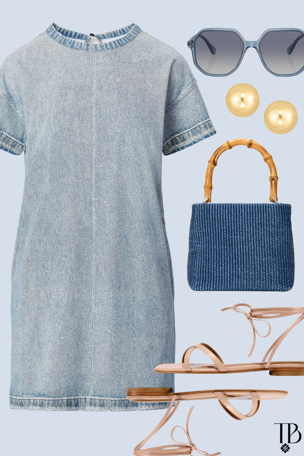 Soft denim + coastal accessories = the perfect effortless summer outfit 💙 From brunch to beach dinners, this chic denim mini dress styled with bamboo details and lace-up sandals is an easy warm-weather staple. #LTKStyle #DenimDress #CoastalStyle #SummerOutfit #ResortWear #VacationStyle #EffortlessStyle #OOTD 

 
