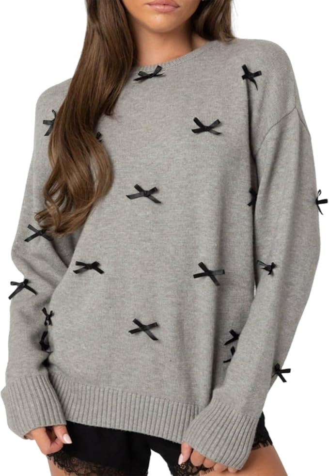 Women Y2k Loose 3D Bow Decor Sweater Solid Color Long Sleeve Crew Neck Pullover Tops Streetwear K... | Amazon (US)