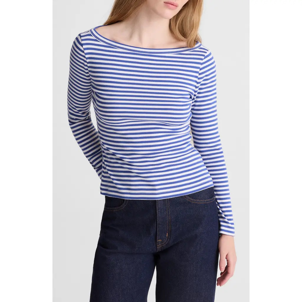 Madewell The '90s Stripe Cotton Boatneck T-Shirt in French Blue at Nordstrom, Size Medium | Nordstrom