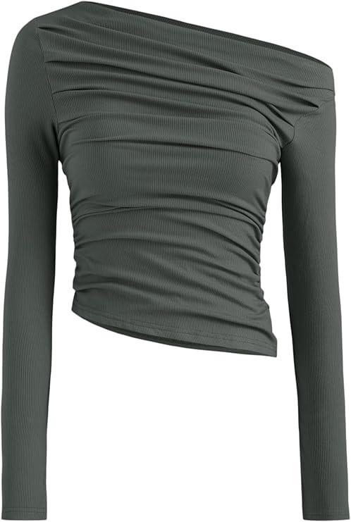 CIDER Women's Asymmetrical Top Off The Shoulder Long Sleeve Shirts Ruched Going Out Crop Tops | Amazon (US)