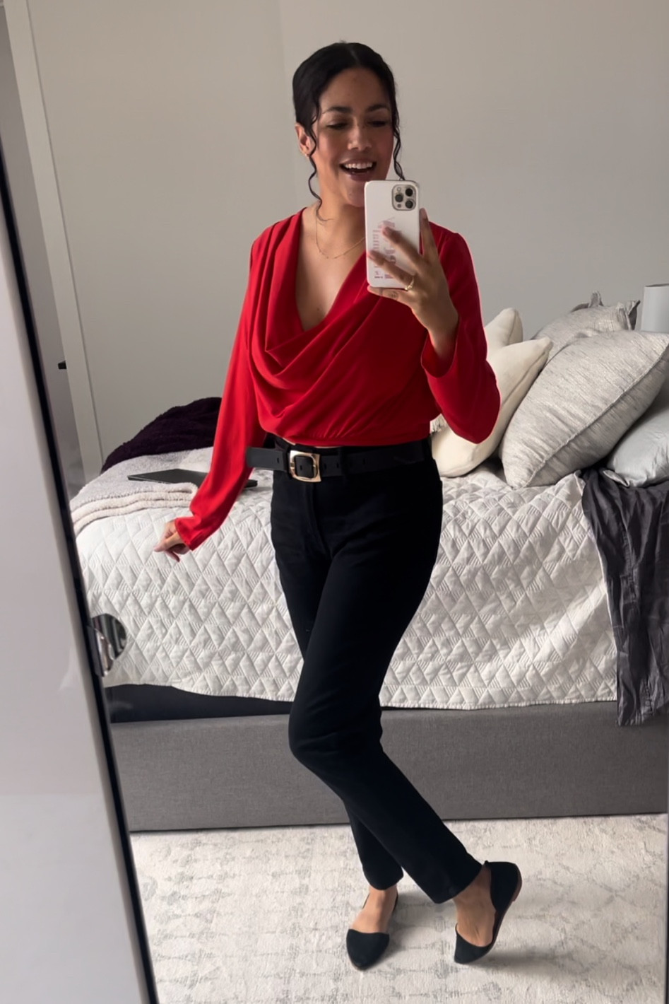Bright red is a go-to date color for me! Loved this Line + Dot drape neck top to dress up straight leg Old Navy jeans. Pointy-toe Madewell flats finished off the look!

Love the top? Use code RTRALIJ for 40% off your first 2 months of rent the runway. 

Wearing size L top, size 8T jeans, size medium belt, size 10 shoes  

#LTKstyletip #LTKSeasonal #LTKunder100