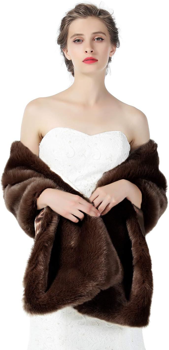 Faux fur Shawl Wrap for Wedding Women Shrug Bridal Stole Winter Cover Up Bridesmaids Cape S76 | Amazon (US)