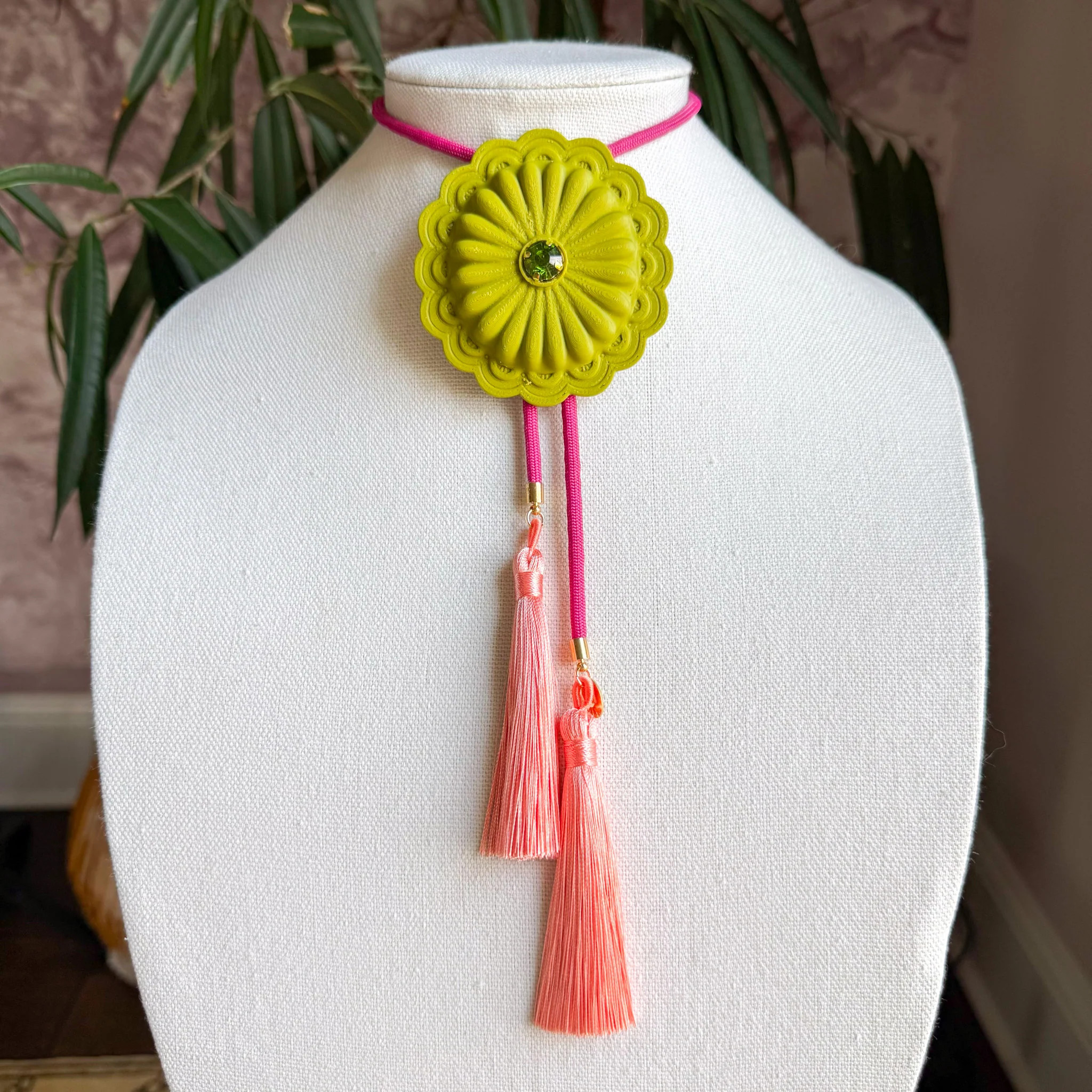 Concho Bolo Olive Green with Fuchsia & Peach | Rahya Jewelry Design