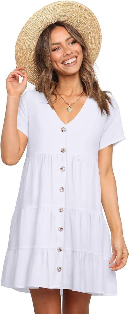 Amoretu Women V Neck Button Down Swing Short Sleeve Summer Dress | Amazon (US)