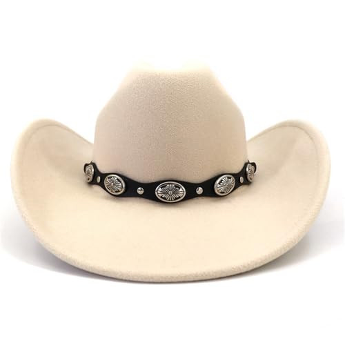 CCAKXCJJ Western Cowboy Hat for Men Women Wide Brim Felt Cowboy Cowgirl Hat with Buckle Belt Classic Fedora Hat 810 Beige | Amazon (US)