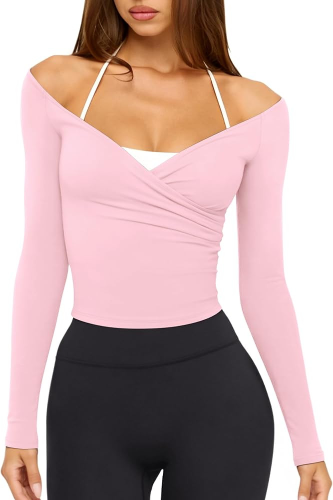 LASLULU Womens V Neck Long Sleeve Workout Tops Cross Wrap Off Shoulder | Amazon (US)
