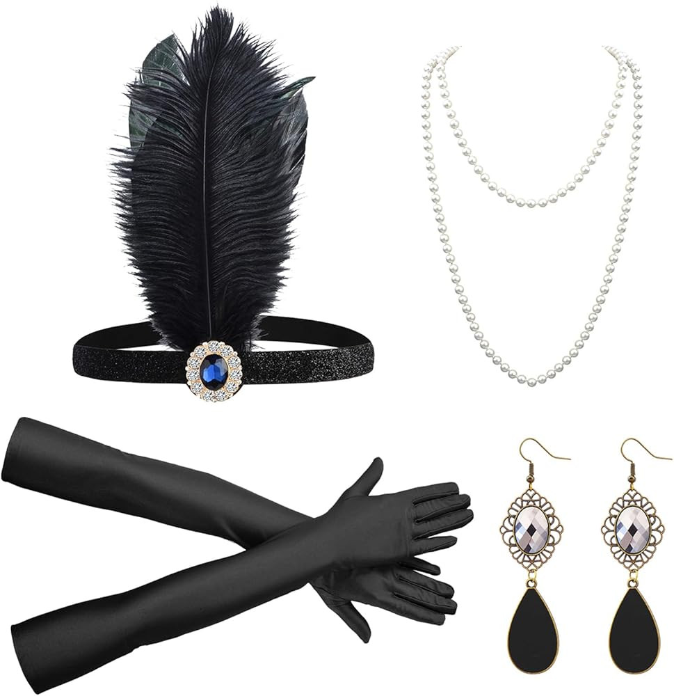 Women 1920s Flapper Set with Headband Beaded Necklaces Earrings Gloves for Vintage Wedding Costum... | Amazon (US)