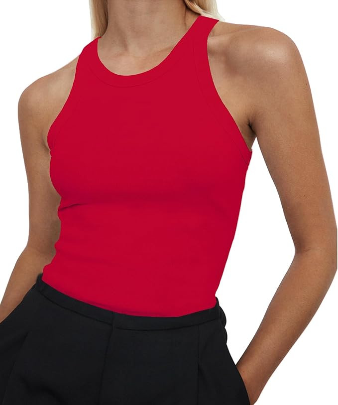 Artfish Women's Sleeveless Full Length Ribbed Fitted Racerback Workout Crew High Neck Basic Tank ... | Amazon (US)
