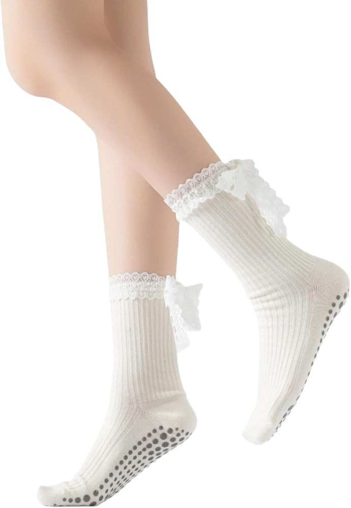 Verdancy Women’s Yoga Pilates Socks with Frills and Lace up Non Slip Cushioned Grips Crew Socks | Amazon (US)