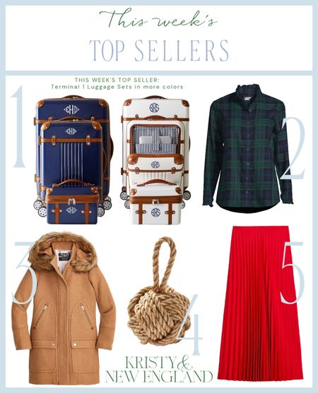 Top sellers this week: terminal 1 luggage sets (more colors), Blackwatch flannel shirt, camel wool parka (tall available), nautical knot door stop, red pleated midi skirt (more colors)

#LTKsalealert #LTKGiftGuide #LTKover40