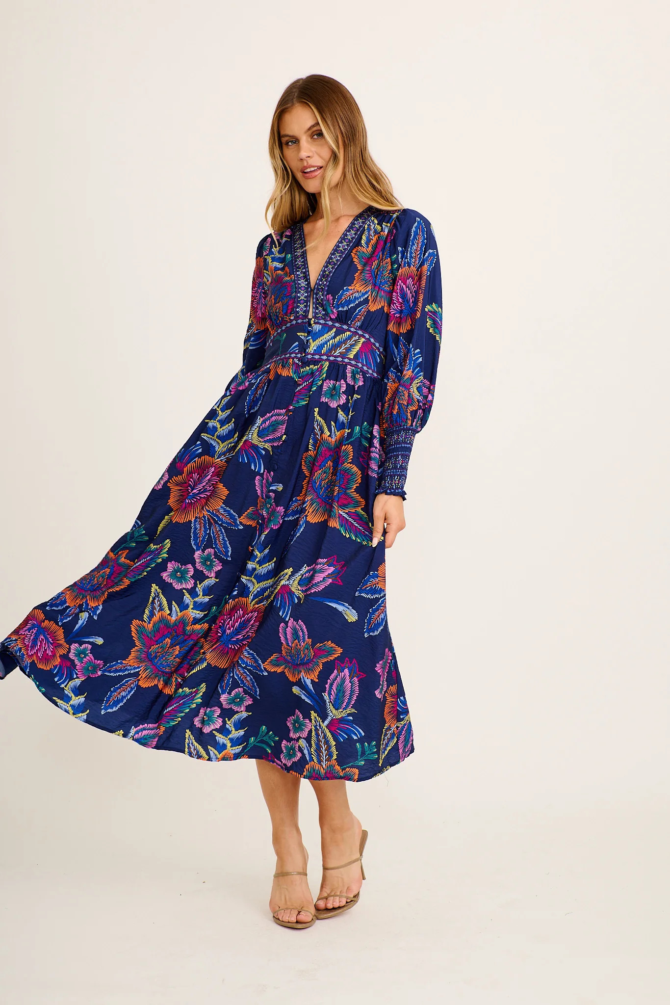 Amora Maxi Dress in Blue with Multi Floral Linen Blend 10 | St.Frock AU